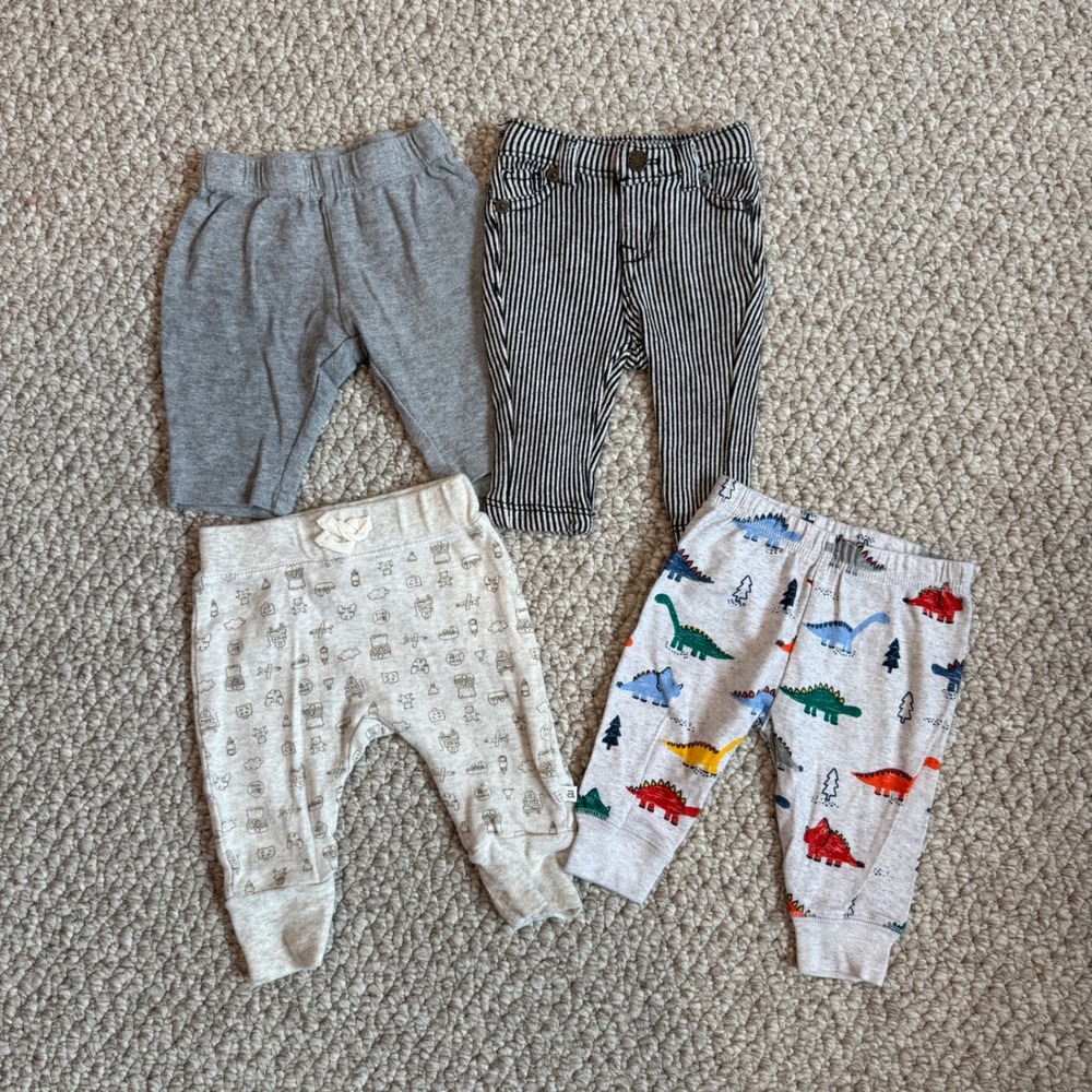 Baby Boy Pants Bundle Size 0-3 Months Dinosaur Striped‎ Grey 4 Pairs